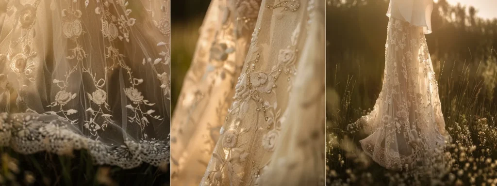 a Breathtaking Bohemian Wedding Dress Adorned with Intricate Floral Lace Cascades Gracefully in a Sun-drenched Meadow, Capturing the Essence of Romance and Rustic Charm. - Scarlet Poppy Bridal Boutique - Scarlet Poppy Bridal Boutique