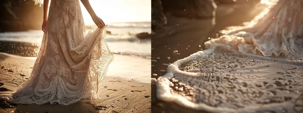 a Breathtaking Bohemian Wedding Dress Flows Gracefully in a Sunlit Beach Setting, Showcasing Intricate Lace Patterns and Earthy Hues That Embody the Free-spirited Elegance of a Seaside Celebration. - Scarlet Poppy Bridal Boutique - Scarlet Poppy Bridal Boutique