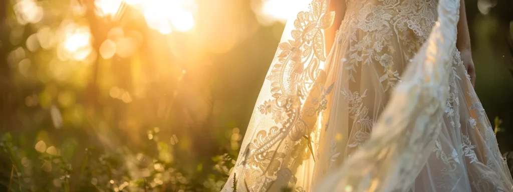 a Breathtaking Bohemian Wedding Dress Adorned with Delicate Lace Intricacies Cascades Gracefully, Capturing the Essence of Romance and Vintage Elegance Against a Sunlit Outdoor Backdrop. - Scarlet Poppy Bridal Boutique - Scarlet Poppy Bridal Boutique