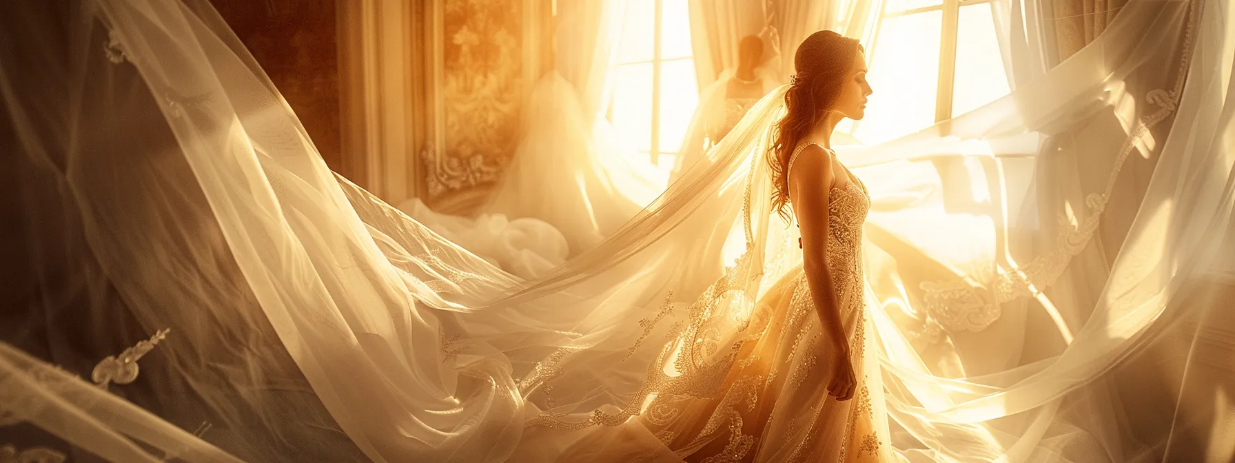 a Breathtaking Bridal Boutique Showcases a Stunning Array of Elegant Wedding Dresses, Featuring Intricate Lace Details and Flowing Fabrics, All Bathed in Soft, Warm Light That Enhances the Dreamlike Atmosphere. - Scarlet Poppy Bridal Boutique - Scarlet Poppy Bridal Boutique