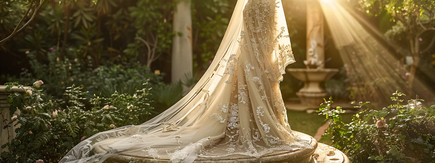 a Breathtaking Bridal Gown Draped Elegantly on a Marble Pedestal, Adorned with Intricate Lace and Shimmering Beadwork, Illuminated by Soft, Ethereal Lighting That Highlights the Gown's Luxurious Textures Against a Dreamy, Blurred Garden Backdrop. - Scarlet Poppy Bridal Boutique - Scarlet Poppy Bridal Boutique