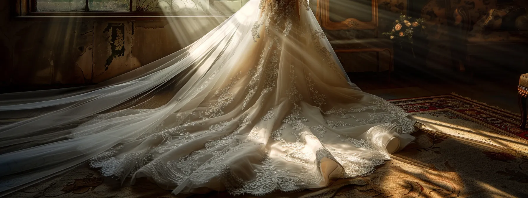 a Breathtaking Bridal Gown Draped Elegantly on a Mannequin, Surrounded by Soft, Ethereal Lighting That Highlights Its Intricate Lace Details and Flowing Silhouette, Evoking a Sense of Luxury and Romanticism. - Scarlet Poppy Bridal Boutique - Scarlet Poppy Bridal Boutique