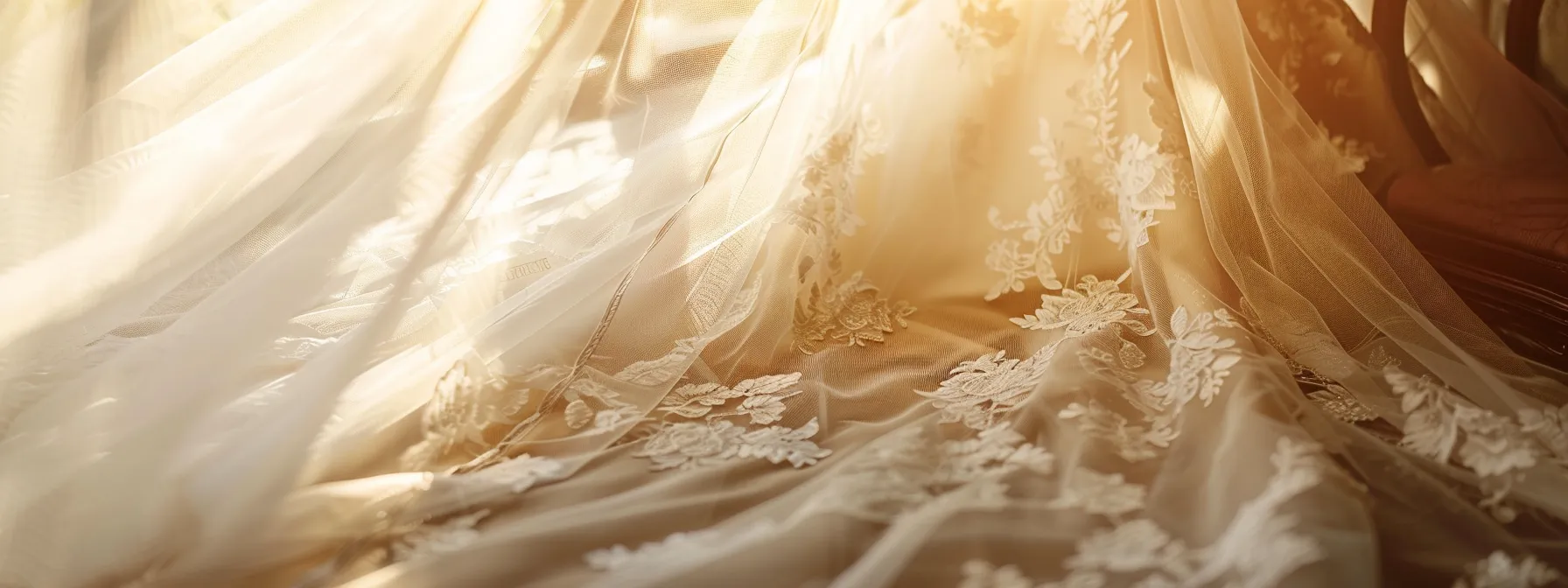 a Breathtaking Bridal Gown Elegantly Displayed in a Sunlit Boutique, Showcasing Intricate Lace Details and Flowing Fabric Against a Backdrop of Soft, Romantic Decor. - Scarlet Poppy Bridal Boutique - Scarlet Poppy Bridal Boutique