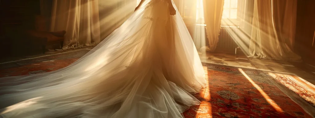 a Breathtaking Bridal Gown, Elegantly Flowing in Tulle with Intricate Craftsmanship and a Perfectly Tailored Silhouette, is Captured in Soft, Golden-hour Lighting That Highlights Its Sophisticated Design Against a Serene Backdrop. - Scarlet Poppy Bridal Boutique - Scarlet Poppy Bridal Boutique