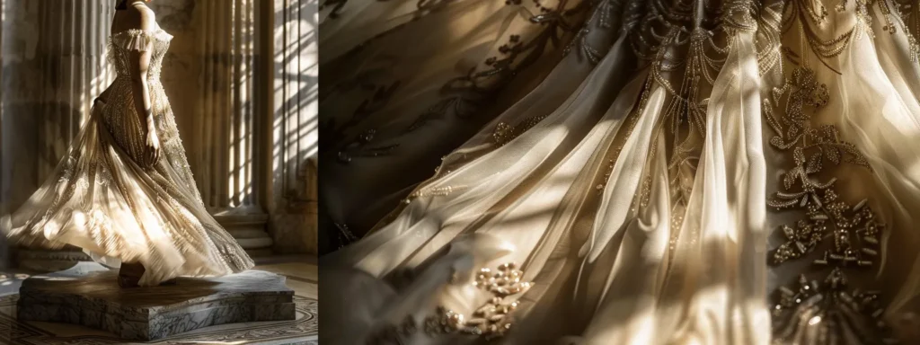 a Breathtaking Bridal Gown Elegantly Drapes on a Marble Pedestal, Showcasing Intricate Beadwork and a Flowing Skirt, Illuminated Softly by Golden Ambient Light to Highlight the Rich Textures and Timeless Elegance of Luxury Bridal Fashion. - Scarlet Poppy Bridal Boutique - Scarlet Poppy Bridal Boutique