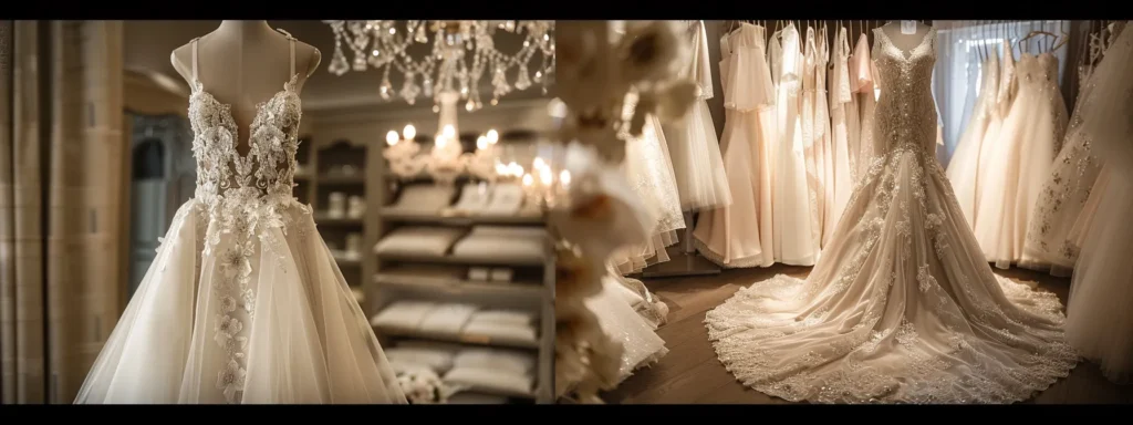 a Breathtaking Bridal Gown Elegantly Displayed in a Softly Lit Boutique, Surrounded by Delicate Fabric Swatches and Custom Embellishments, Conveying the Essence of Personalized Wedding Preparation. - Scarlet Poppy Bridal Boutique - Scarlet Poppy Bridal Boutique