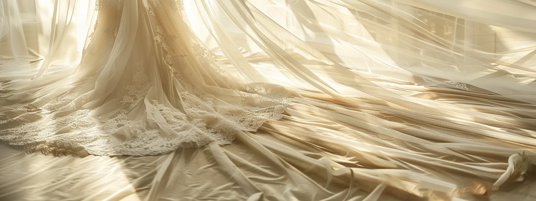 a Breathtaking Bridal Gown in Soft Ivory Drapes Elegantly Against a Sunlit Backdrop, Showcasing Intricate Lace Details and Flowing Layers That Exude Romance and Artistry from Sketch to Ceremony. - Scarlet Poppy Bridal Boutique - Scarlet Poppy Bridal Boutique