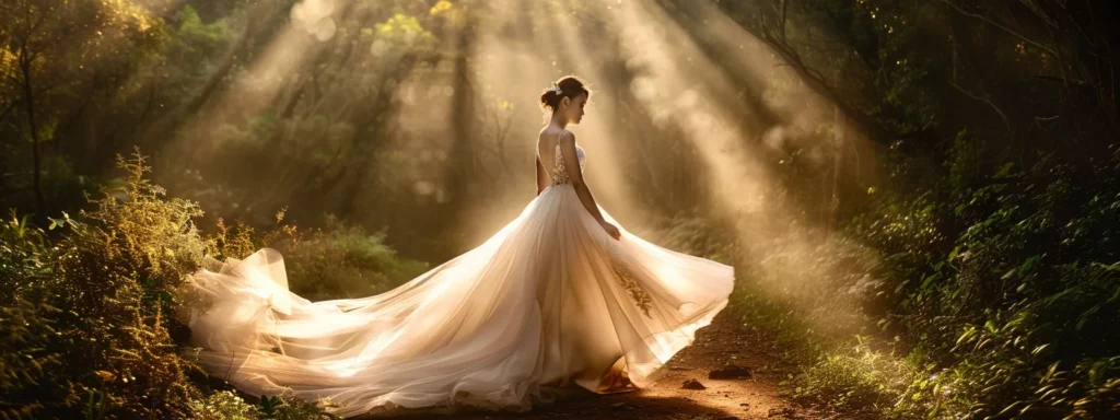 a Breathtaking Bridal Scene Captures a Radiant Bride Gracefully Adorned in an Elegant, Flowing Gown Crafted from Organic Fabrics, Set Against a Lush, Natural Backdrop That Embodies the Harmony of Eco-friendly Fashion and Timeless Beauty. - Scarlet Poppy Bridal Boutique - Scarlet Poppy Bridal Boutique
