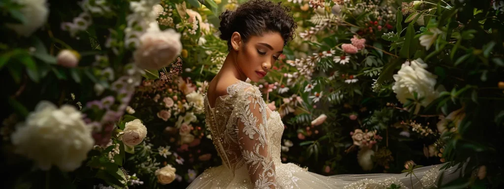 a Breathtaking Bridal Scene Showcasing a Model in a Luxurious Designer Wedding Dress, Adorned with Intricate Lace and Silk Details, Against a Softly Lit Backdrop of Flowering Greenery, Embodying the Essence of Elegance and Sophistication. - Scarlet Poppy Bridal Boutique - Scarlet Poppy Bridal Boutique