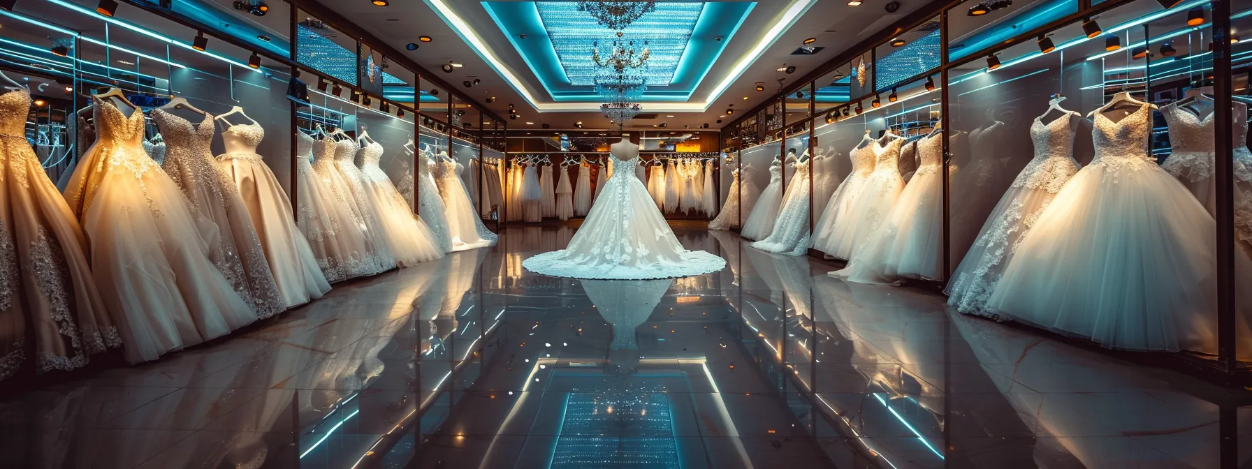 a Breathtaking Bridal Shop Interior Showcases a Stunning Array of Luxurious Wedding Dresses, Elegantly Illuminated by Soft, Golden Lighting That Enhances the Intricate Lace and Satin Textures, Inviting Brides to Find Their Perfect Gown. - Scarlet Poppy Bridal Boutique - Scarlet Poppy Bridal Boutique