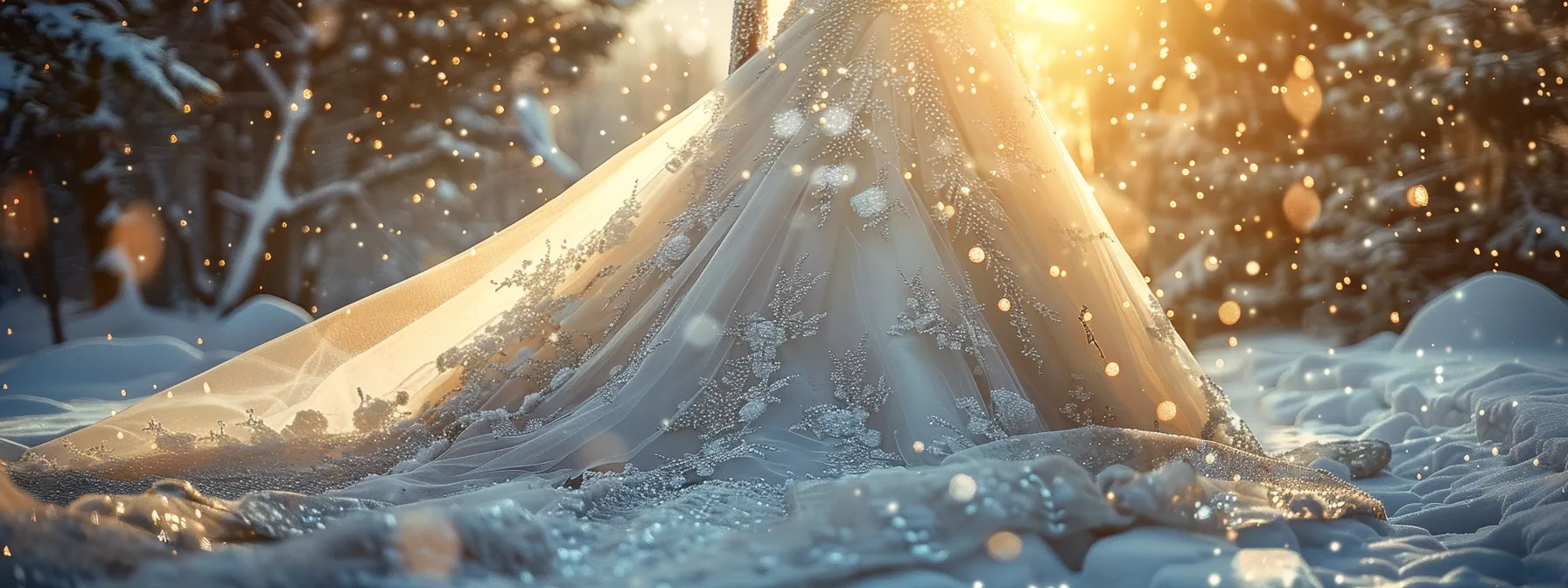 a Breathtaking Designer Wedding Dress Adorned with Shimmering Beads and Ethereal Lace, Gracefully Draping over a Snowy Landscape, Softly Illuminated by the Gentle Glow of Winter Sunlight. - Scarlet Poppy Bridal Boutique - Scarlet Poppy Bridal Boutique