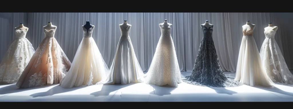 a breathtaking display of various wedding dresses, featuring an elegant a-line gown, a luxurious ball gown, and a sleek mermaid dress, all beautifully arranged against a softly lit backdrop, capturing the essence of bridal elegance and style diversity. - Scarlet Poppy Bridal Boutique - Scarlet Poppy Bridal Boutique a Breathtaking Display of Various Wedding Dresses, Featuring an Elegant A-line Gown, a Luxurious Ball Gown, and a Sleek Mermaid Dress, All Beautifully Arranged Against a Softly Lit Backdrop, Capturing the Essence of Bridal Elegance and Style Diversity. - Scarlet Poppy Bridal Boutique - Scarlet Poppy Bridal Boutique