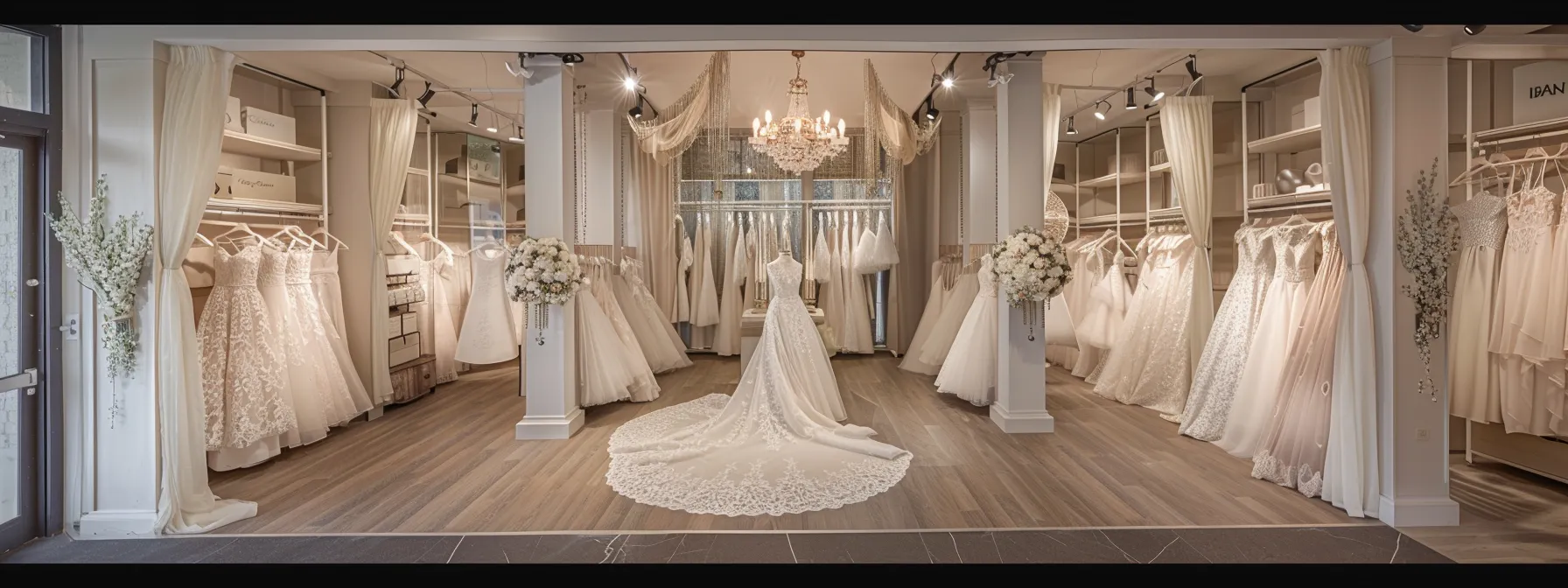 a Breathtaking Interior of a Wedding Boutique Showcases an Elegant Array of Stunning Wedding Dresses, Bathed in Soft Natural Light That Highlights the Intricate Fabrics and Delicate Embellishments. - Scarlet Poppy Bridal Boutique - Scarlet Poppy Bridal Boutique