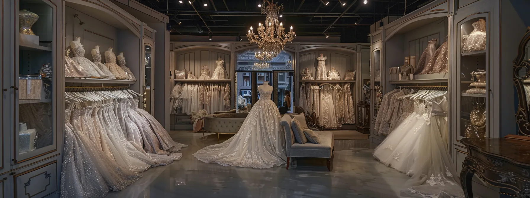 a Breathtaking Interior of Scarlet Poppy Bridal Boutique Showcases an Elegant Array of Unique Bridal Gowns, Adorned with Delicate Lace and Shimmering Fabrics, Illuminated by Soft, Ambient Lighting That Highlights Their Exquisite Details. - Scarlet Poppy Bridal Boutique - Scarlet Poppy Bridal Boutique