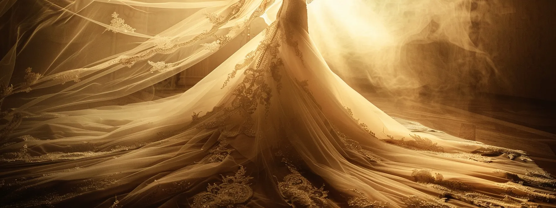 a Breathtaking Modern Bridal Gown Silhouette Elegantly Cascades from a Figure, Showcasing Intricate Lace and Flowing Fabric Against a Soft, Dreamy Backdrop Illuminated by Warm, Natural Light. - Scarlet Poppy Bridal Boutique - Scarlet Poppy Bridal Boutique