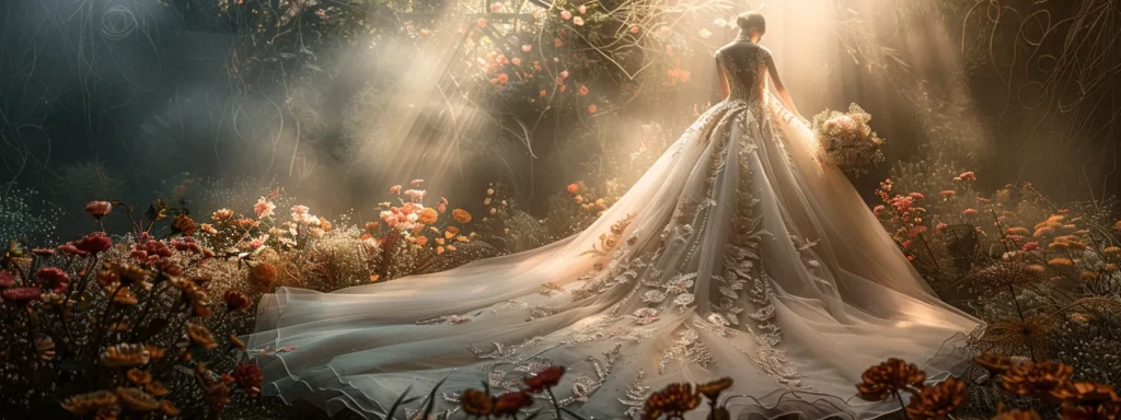 a Breathtaking Scene Captures a Luxurious Wedding Dress Adorned with Intricate Floral Designs, Elegantly Displayed Against a Soft, Ethereal Backdrop That Reflects the Varying Trends and Pricing in Bridal Fashion Today. - Scarlet Poppy Bridal Boutique - Scarlet Poppy Bridal Boutique