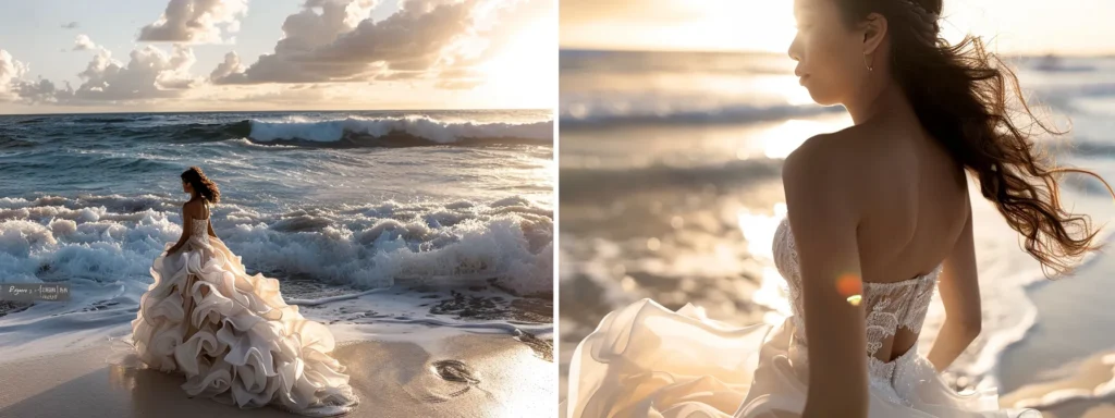 a Breathtaking Scene Showcasing a Bride in an Elegant Destination Wedding Dress Adorned with Delicate Accessories, Complemented by Stylish Yet Comfortable Shoes, As She Strolls Along a Sunlit Beach, with Soft Waves Crashing and a Gentle Breeze Tousling Her Flowing Hair. - Scarlet Poppy Bridal Boutique - Scarlet Poppy Bridal Boutique