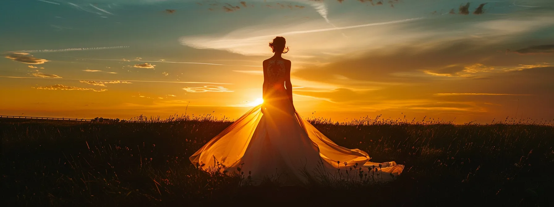 a Breathtaking Silhouette of a Modern Bride Stands Gracefully Against a Vibrant Sunset, Showcasing an Elegant Gown That Flows Dramatically in the Soft Evening Breeze. - Scarlet Poppy Bridal Boutique - Scarlet Poppy Bridal Boutique