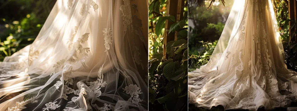 a Breathtaking Vintage-inspired Wedding Gown, Featuring Intricate Lace Details and a Flowing Chiffon Skirt, Elegantly Draped Against a Sunlit Garden Backdrop, Embodying Timeless Charm and Romance. - Scarlet Poppy Bridal Boutique - Scarlet Poppy Bridal Boutique