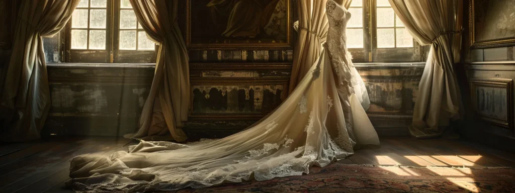 a Breathtaking Vintage Bridal Gown Draped in Luxurious Chiffon and Satin, Adorned with Delicate Lace and Intricate Embroidery, Glows Softly Under Warm, Diffused Lighting, Surrounded by a Rich Palette of Muted Pastels That Evoke Timeless Elegance. - Scarlet Poppy Bridal Boutique - Scarlet Poppy Bridal Boutique