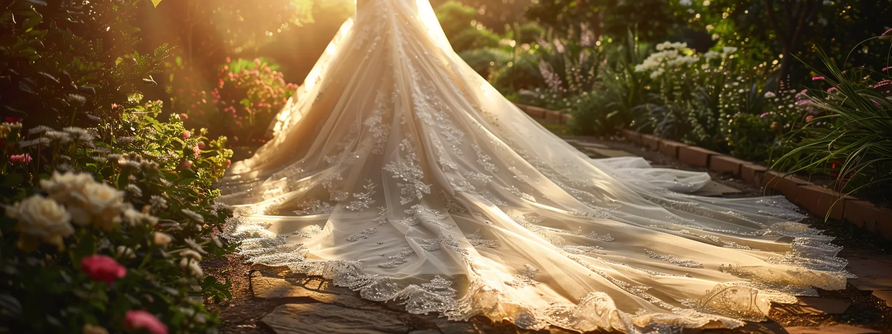 a Breathtaking Wedding Dress Elegantly Drapes over a Lush Garden, Showcasing Intricate Lace Details and Cascading Layers Under Soft Golden Sunlight. - Scarlet Poppy Bridal Boutique - Scarlet Poppy Bridal Boutique