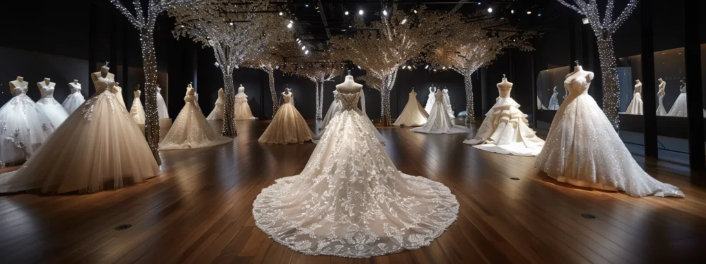 a Breathtaking Wedding Dress Exhibit Showcases an Array of Elegant Ballgowns and A-line Designs, Illuminated by Soft, Ethereal Lighting That Emphasizes Their Intricate Fabrics and Modern Sustainable Choices. - Scarlet Poppy Bridal Boutique - Scarlet Poppy Bridal Boutique