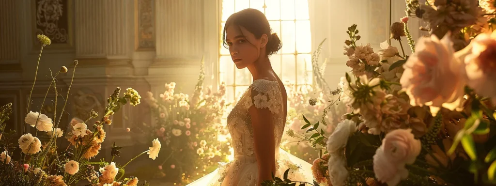 a Breathtaking Wedding Scene Features a Bride in an Exquisite Vintage-inspired Gown, Surrounded by Lush Floral Arrangements and Soft Golden Light, Capturing the Timeless Elegance and Charm of a Romantic Celebration. - Scarlet Poppy Bridal Boutique - Scarlet Poppy Bridal Boutique