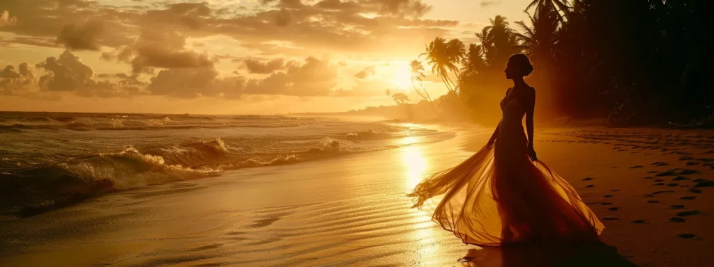 a Breathtaking Wedding Scene Showcases a Bride in a Flowing Column Dress, Elegantly Silhouetted Against a Golden Sunset on a Serene Beach, Capturing the Essence of Timeless Romance and Contemporary Style. - Scarlet Poppy Bridal Boutique - Scarlet Poppy Bridal Boutique