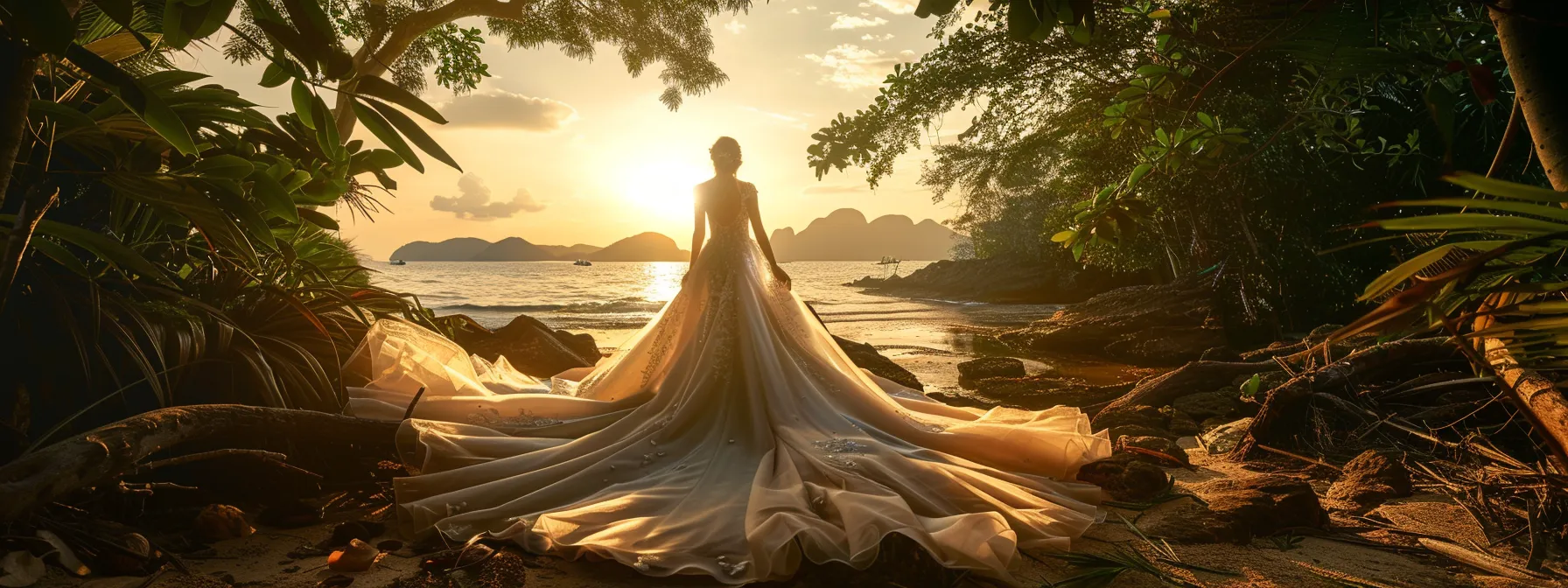 a Breathtakingly Elegant Destination Wedding Dress Flows Gracefully in a Sun-drenched Coastal Setting, Capturing the Essence of Romance and Adventure Amidst Vibrant Tropical Foliage. - Scarlet Poppy Bridal Boutique - Scarlet Poppy Bridal Boutique