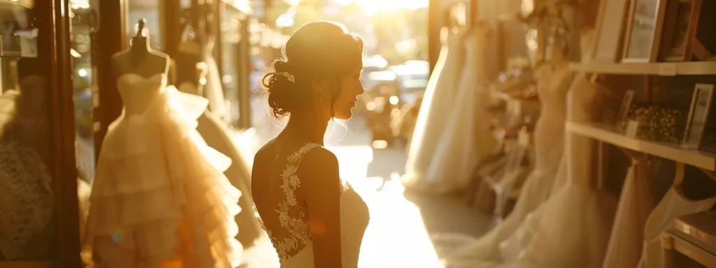 a Budget-conscious Bride Stands in a Sunlit Boutique, Surrounded by Elegant Wedding Dresses on Display, As She Thoughtfully Examines Her Options, Embodying the Essence of Smart Shopping Strategies for the Perfect Gown. - Scarlet Poppy Bridal Boutique - Scarlet Poppy Bridal Boutique