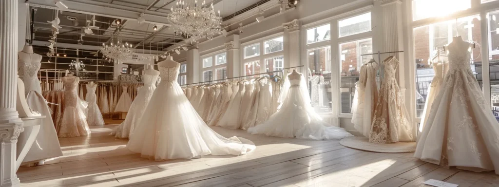 a Bustling Bridal Boutique in Leeds, Featuring a Radiant Array of Affordable Wedding Gowns Elegantly Displayed, Illuminated by Soft, Natural Light Streaming Through Grand Windows, Inviting Brides-to-be into a World of Budget-friendly Elegance. - Scarlet Poppy Bridal Boutique - Scarlet Poppy Bridal Boutique