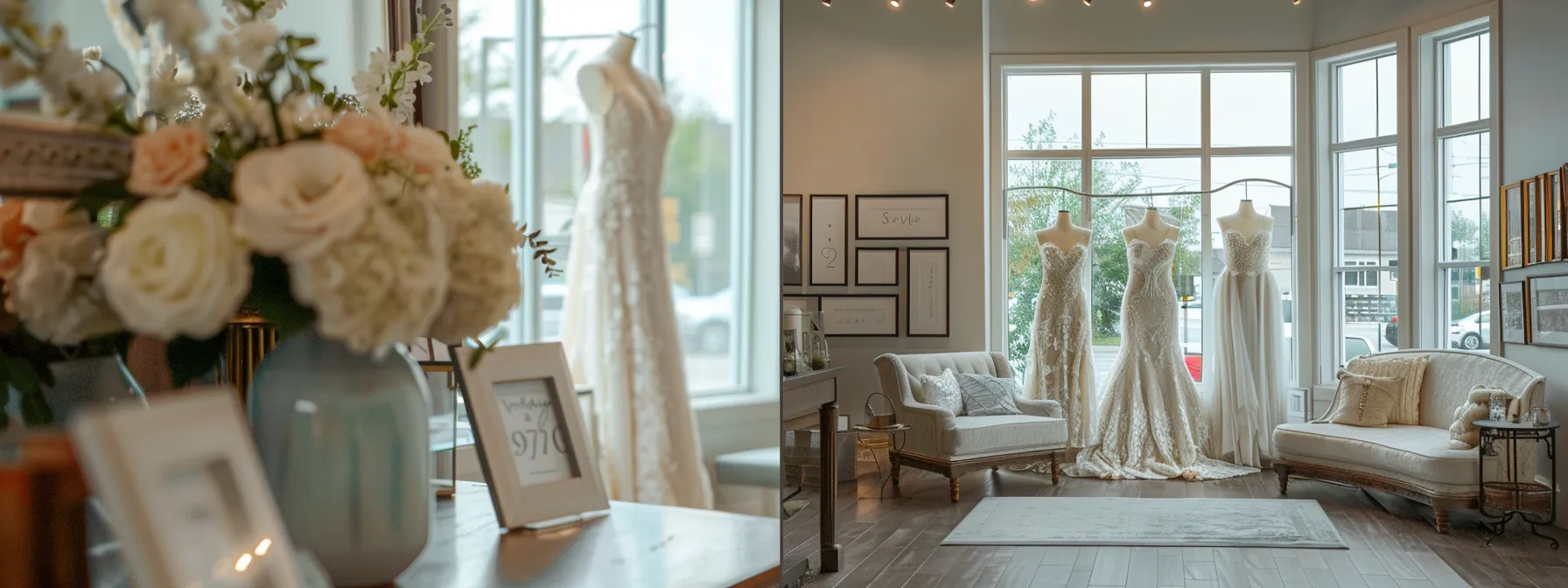 a Charming Local Bridal Boutique is Adorned with Exquisite, Handcrafted Gowns, Bathed in Soft, Natural Light Filtering Through Large Windows, Highlighting the Unique Elegance and Personalized Experience That Outshines Traditional Big-box Retailers. - Scarlet Poppy Bridal Boutique - Scarlet Poppy Bridal Boutique