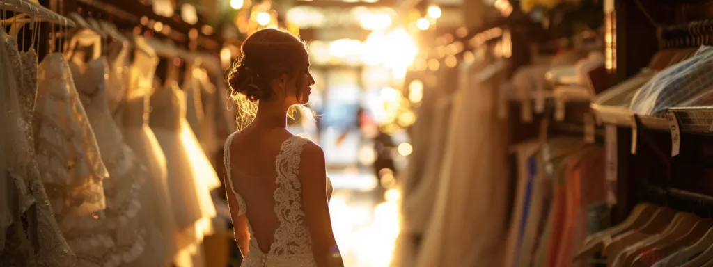 a Concerned Bride Stands in a Beautifully Lit Bridal Boutique, Analyzing a Wedding Dress While Surrounded by Prominently Displayed Price Tags, Capturing the Tension Between Hope and Caution in Her Quest for the Perfect Fitting. - Scarlet Poppy Bridal Boutique - Scarlet Poppy Bridal Boutique