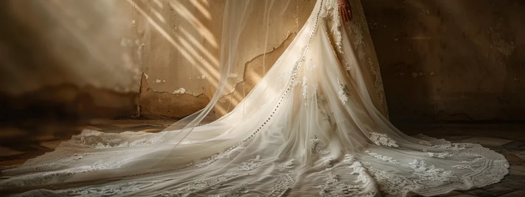 a Dazzling Vintage Bridal Gown from the 1920s to 1940s, Intricately Adorned with Elegant Appliqué, is Elegantly Showcased Under Soft, Warm Lighting, Evoking a Timeless Hollywood Glamour Against a Subtle Art Deco Backdrop. - Scarlet Poppy Bridal Boutique - Scarlet Poppy Bridal Boutique