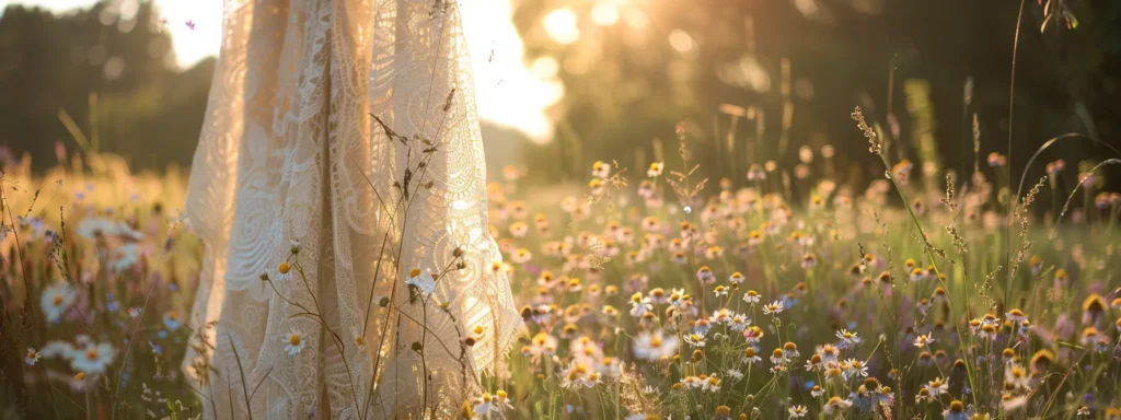 a Flowing Lace Bohemian Wedding Dress, Elegantly Draped Under Soft, Golden Sunlight Amidst a Blooming Wildflower Meadow, Captures the Essence of Romantic Bridal Style. - Scarlet Poppy Bridal Boutique - Scarlet Poppy Bridal Boutique
