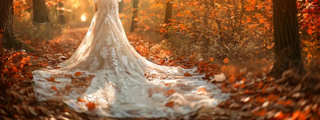 a Graceful Autumn Wedding Gown, Crafted from Rich, Warm Fabrics, Elegantly Drapes in a Forest of Vibrant Fall Foliage, Capturing a Serene Moment of Style and Comfort Amidst the Seasonal Beauty. - Scarlet Poppy Bridal Boutique - Scarlet Poppy Bridal Boutique