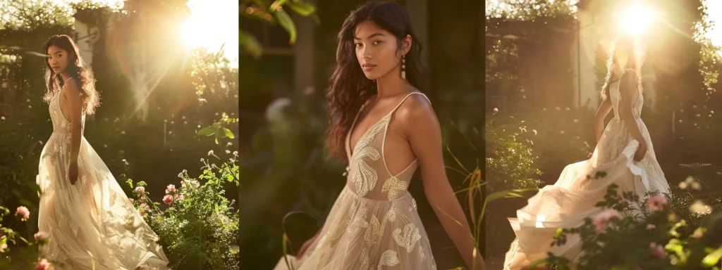 a Graceful Bride in a Flowing Drop Waist Dress, Showcasing Its Elegant Elongated Silhouette and Flared Skirt, Stands in a Sunlit Garden, Surrounded by Lush Greenery and Soft Blooms, Capturing the Timeless Charm of Bridal Attire. - Scarlet Poppy Bridal Boutique - Scarlet Poppy Bridal Boutique