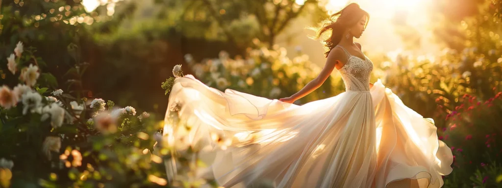 a Graceful Bride in a Stunning Gown That Accentuates Her Hourglass Figure Stands Amidst a Sun-drenched Garden, Radiating Elegance with Flowing Fabric That Sways Gently in the Breeze. - Scarlet Poppy Bridal Boutique - Scarlet Poppy Bridal Boutique