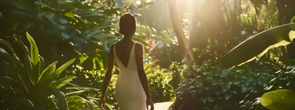 a Graceful Bride in a Sleek, Ivory Sheath Dress Stands in a Sunlit Garden, Surrounded by Lush Greenery, Exuding an Air of Timeless Elegance and Sophistication. - Scarlet Poppy Bridal Boutique - Scarlet Poppy Bridal Boutique