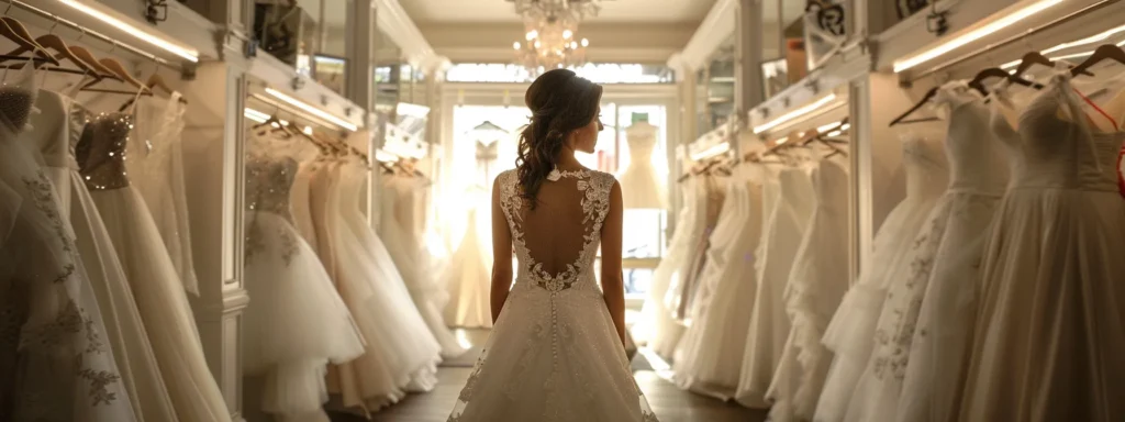 a Graceful Bride Stands in an Elegant Boutique Filled with Stunning Wedding Dresses, Surrounded by Soft, Ambient Lighting That Highlights the Intricate Lace and Delicate Fabrics, Symbolizing the Journey of Budgeting for the Perfect Gown. - Scarlet Poppy Bridal Boutique - Scarlet Poppy Bridal Boutique