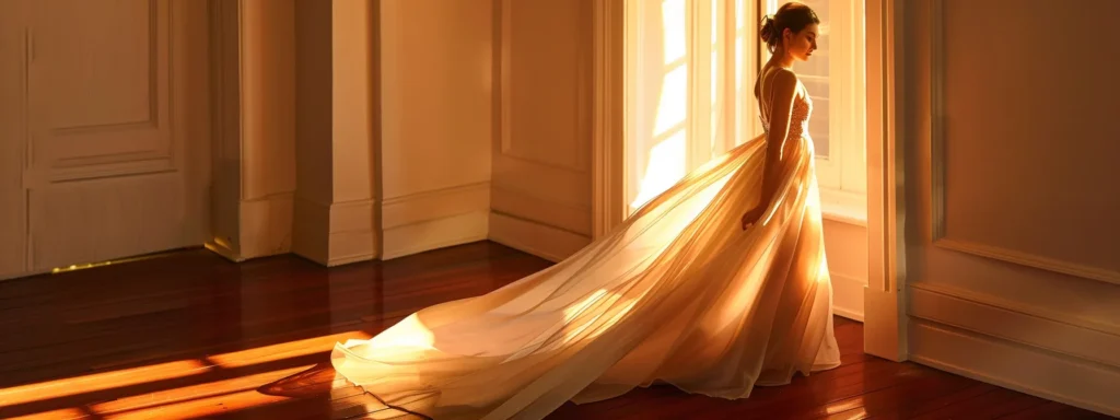 a Graceful Model Poses Elegantly in a Flowing Empire Waist Gown, the High Waistline Accentuating Her Silhouette While Soft Evening Light Creates an Enchanting Ambiance, Perfect for a Formal Event. - Scarlet Poppy Bridal Boutique - Scarlet Poppy Bridal Boutique