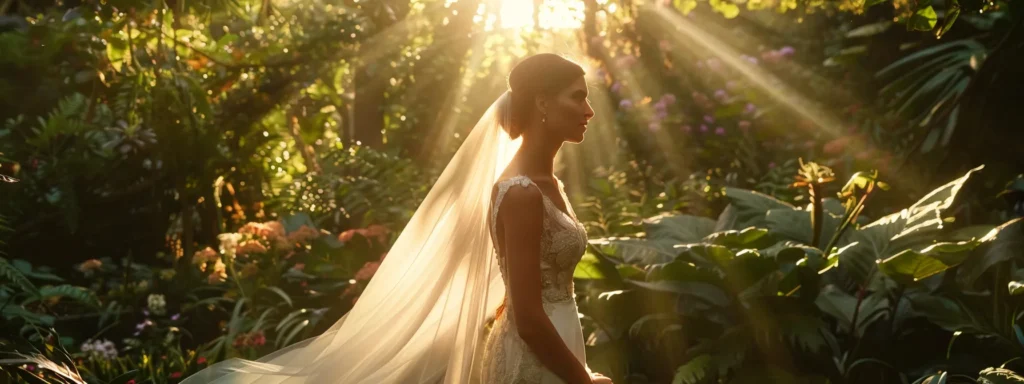 a Graceful Modern Bride Stands in a Sunlit Garden, Her Flowing Organic Silk Gown Adorned with Vintage Lace Accents and a Delicate Veil, Exuding Elegance and Sustainability Amid Lush Greenery. - Scarlet Poppy Bridal Boutique - Scarlet Poppy Bridal Boutique