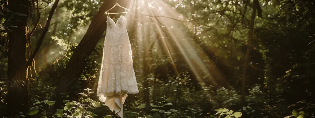 a Graceful Vintage-inspired Wedding Gown Hangs Elegantly in a Sunlit Forest Glade, Surrounded by Lush Greenery, Symbolizing the Harmony of Sustainable Fashion and Natural Beauty. - Scarlet Poppy Bridal Boutique - Scarlet Poppy Bridal Boutique