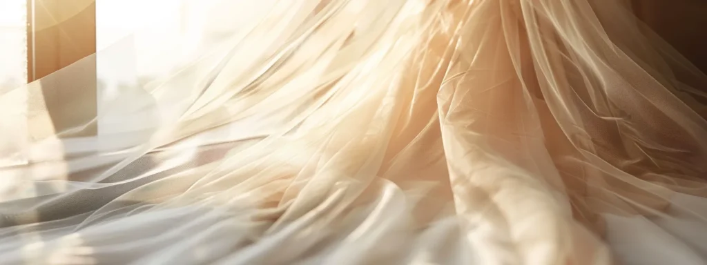 a Gracefully Draped Vintage-inspired Wedding Dress, Featuring Airy Chiffon and Ethereal Tulle, Elegantly Cascades Against a Soft, Sunlit Backdrop, Embodying Timeless Charm and Contemporary Elegance. - Scarlet Poppy Bridal Boutique - Scarlet Poppy Bridal Boutique