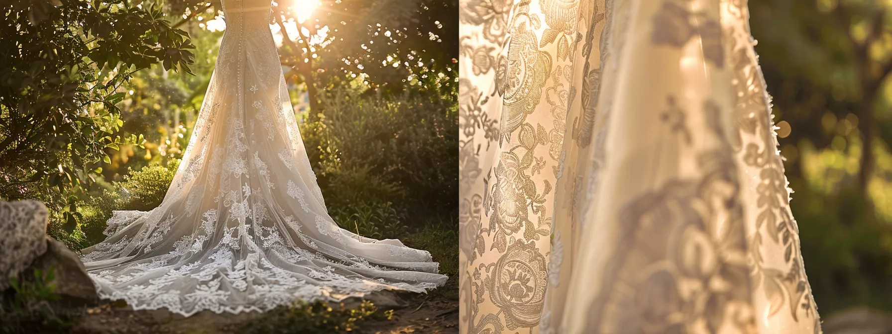 a Gracefully Flowing Wedding Dress Drapes Elegantly on a Soft, Sunlit Backdrop, with Intricate Lace Detailing Shimmering Against a Romantic, Blurred Garden Setting, Inviting the Viewer to Appreciate Its Perfect Fit and Timeless Beauty. - Scarlet Poppy Bridal Boutique - Scarlet Poppy Bridal Boutique