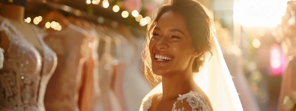 a Joyful Bride, Glowing in a Stunning Wedding Gown, is Surrounded by Elegant Bridal Dresses on Display in a Warmly Lit Boutique, Embodying the Excitement of Special Offers and Discounts. - Scarlet Poppy Bridal Boutique - Scarlet Poppy Bridal Boutique