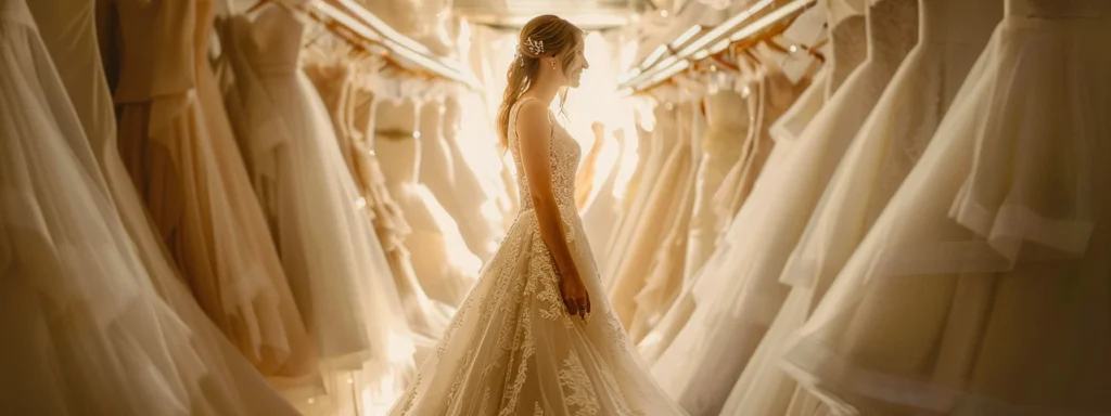 a Joyful Bride Surrounded by Ethereal Wedding Dresses in an Elegant Boutique, Illuminated by Soft Natural Light, Captures the Essence of Smart Shopping Through Promotions and Savings. - Scarlet Poppy Bridal Boutique - Scarlet Poppy Bridal Boutique