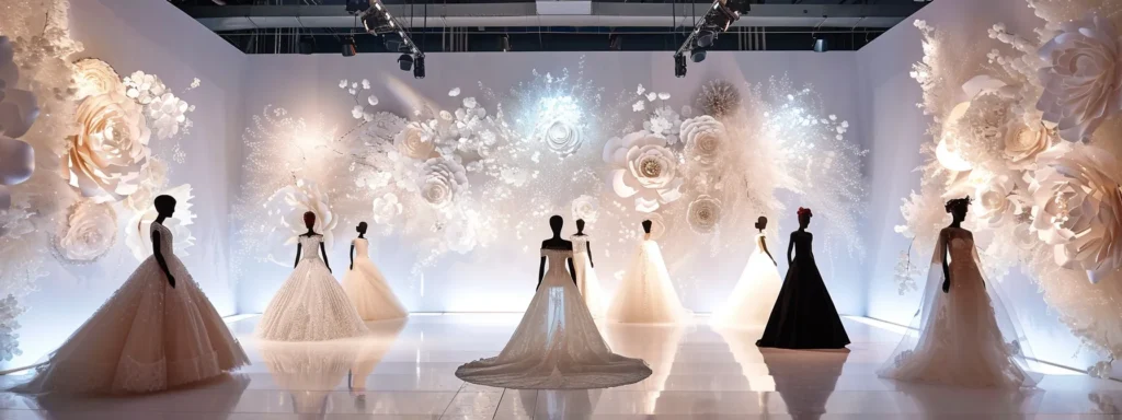 a Luminous Bridal Fashion Display Featuring a Stunning Array of Iconic Gown Silhouettes, Including a Voluminous 19th-century Ball Gown and a Sleek Modern Sheath, Elegantly Arranged Against a Soft, Ethereal Backdrop That Highlights the Evolution of Bridal Aesthetics. - Scarlet Poppy Bridal Boutique - Scarlet Poppy Bridal Boutique
