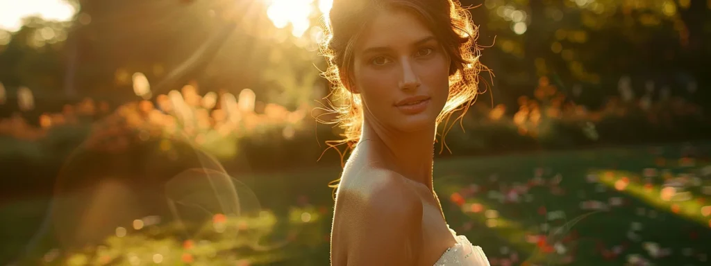 a Modern Bride Elegantly Poses in a Chic Mini Wedding Dress Amidst a Serene Outdoor Garden Setting, Bathed in Soft, Golden Sunlight, Radiating Youthful Sophistication and Personal Flair. - Scarlet Poppy Bridal Boutique - Scarlet Poppy Bridal Boutique