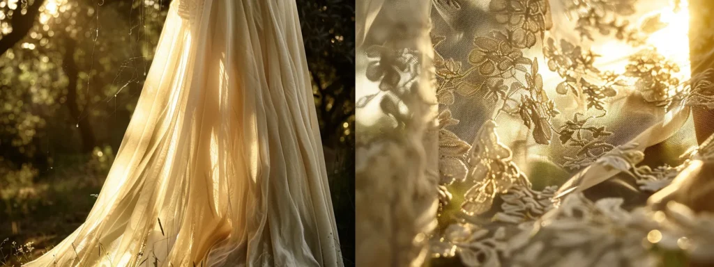 a Picturesque Bohemian Wedding Scene Features a Flowing Lace and Sheer Maxi Dress, Softly Illuminated by Warm Golden Sunlight, Set Against a Lush, Natural Backdrop That Embodies a Free-spirited and Ethereal Atmosphere. - Scarlet Poppy Bridal Boutique - Scarlet Poppy Bridal Boutique